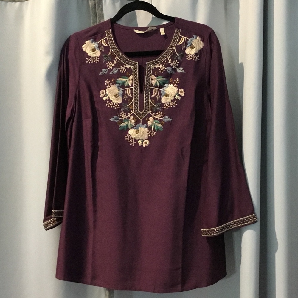 Soft Surroundings Plum Tunic with Floral Embroidery